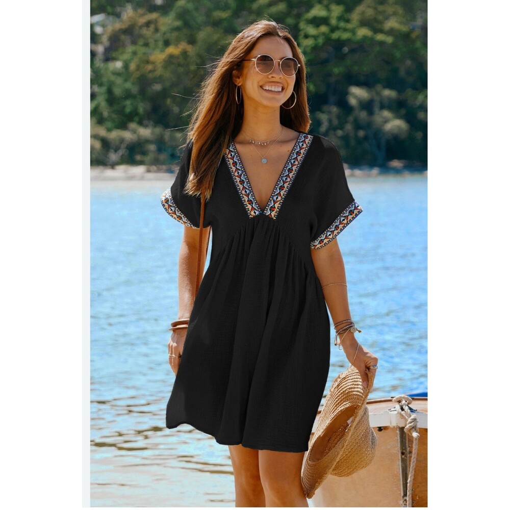 Cupshe Black Plunging Short Sleeve Mini Dress Medium Beach Vacation Resort Party